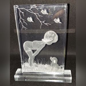 Vintage Lucite Reverse Carved Sweet Little Boy With His Puppy And Birds 1990s